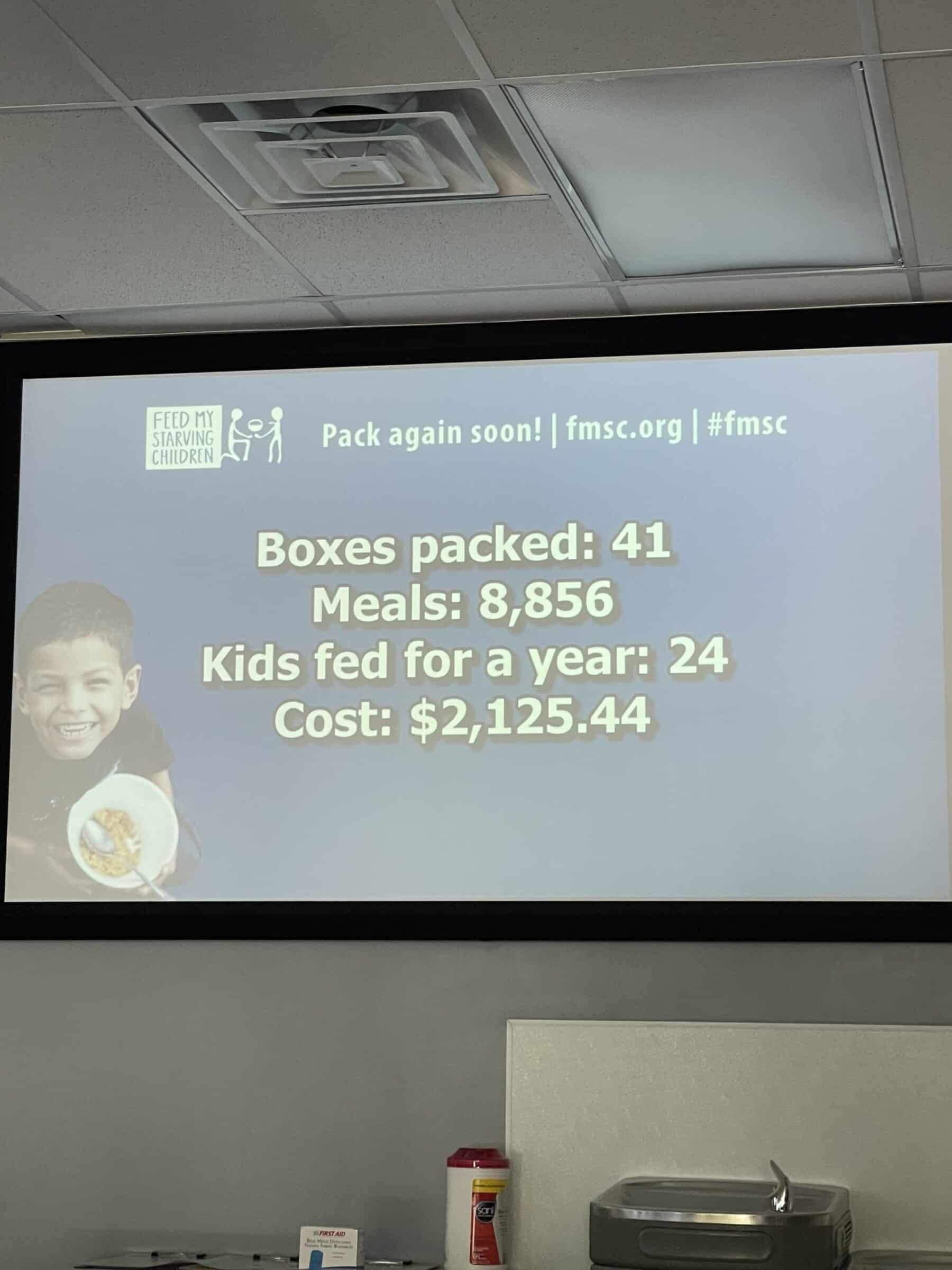 Boxes packed: 41; Meals: 8,856; Kids fed for a year: 24; Cost: $2,125.44